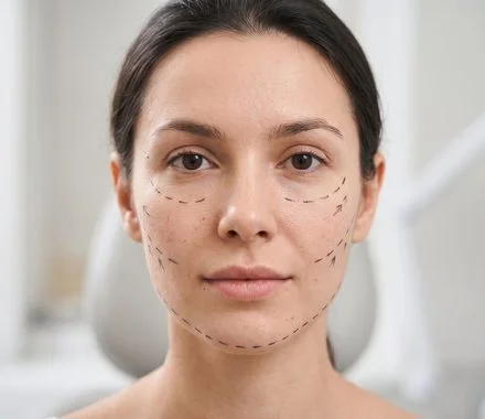 Mulher com marcações faciais para harmonização orofacial em Indaiatuba