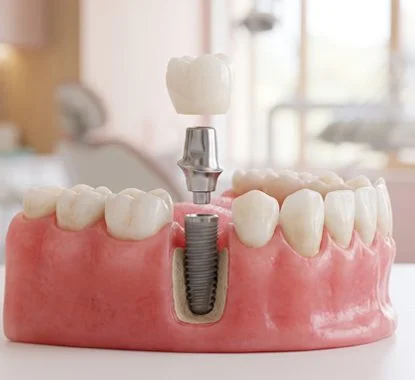 Modelo de implante dentário com coroa, pilar e parafuso de titânio – Dra. Paula Madalozzo, dentista em Indaiatuba